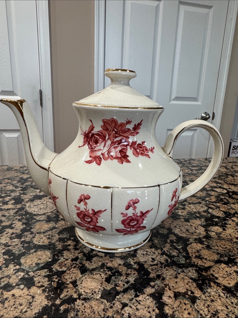 Vintage Floral Porcelain Teapot in Cream with Red Rose Motif